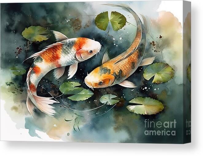 Koi Fish Underwater, Nature Pond, Watercolor Illustration, Canvas