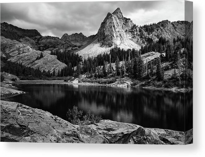 Utah Canvas Print featuring the photograph Lake Blanche and the Sundial Black and White - Big Cottonwood Canyon, Utah by Brett Pelletier