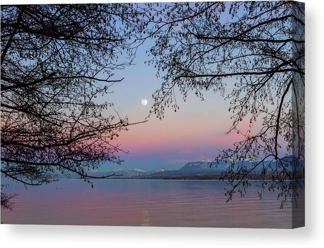 Mountain Canvas Print featuring the photograph Lake Leman view by sunset, Excenevex, France by Elenarts - Elena Duvernay photo