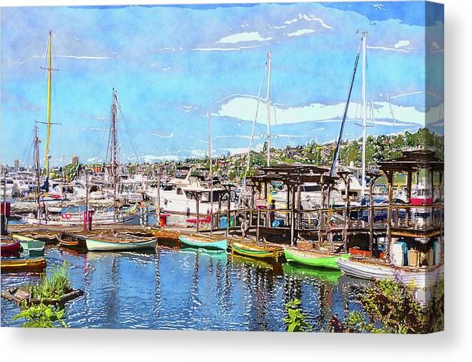 Lake Union Seattle Canvas Print featuring the digital art Lake Union Marina by SnapHappy Photos