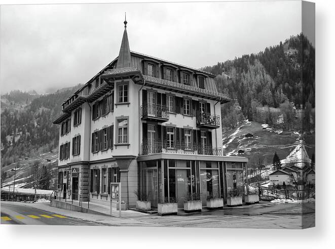 Lauterbrunnen Canvas Print featuring the digital art Lauterbrunnen Switzerland Town Architecture Jungfrau Region Color Splash by Shawn O'Brien