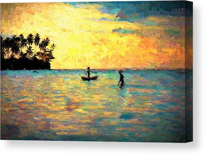 View Canvas Print featuring the mixed media Liapari Island Fishing In The Lagoon by Joan Stratton