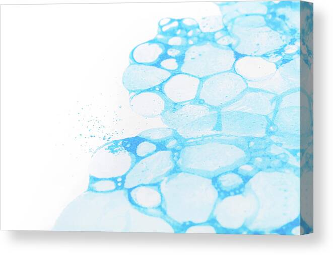 Light blue bubbles splash background ink reflected on paper texture,  illustration. Simple bubbly foam paint splash clean creative fresh bath  abstract dreamy cold backdrop, blue and white, copy space Canvas Print /
