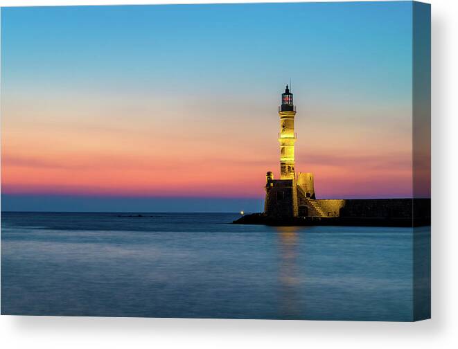Lighthouse Canvas Print featuring the photograph Lighthouse of Chania in Crete at Sunset by Alexios Ntounas