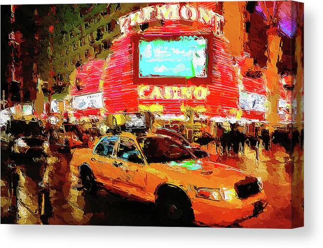 Fremont Casino Canvas Print featuring the digital art Lights and Action on Fremont Street Experience Las Vegas by Tatiana Travelways