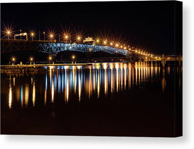 Coleman Bridge Canvas Print featuring the photograph Lights at Coleman Bridge by Lara Morrison