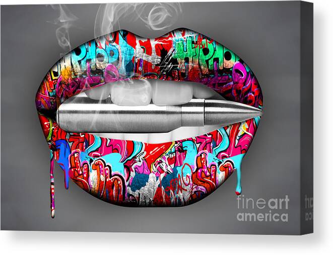 Kiss Canvas Print featuring the digital art Lips With Bullet by Mark Ashkenazi