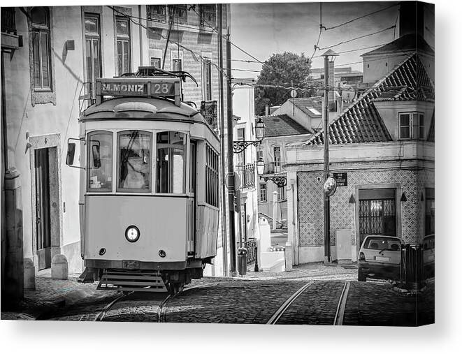 Lisbon Canvas Print featuring the photograph Lisbon Portugal Tram 28 Black and White by Carol Japp