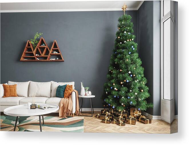 Apartment Canvas Print featuring the photograph Living Room And Christmas Tree by Imaginima