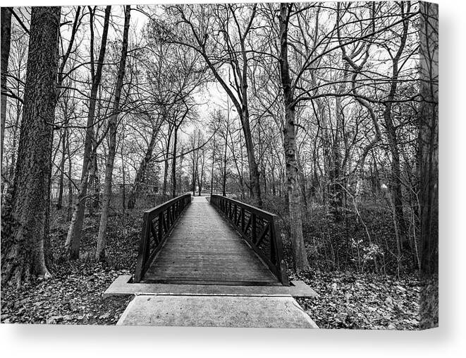 Park Canvas Print featuring the photograph Looking Over The Bridge - Black and White by Dave Morgan