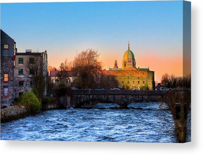Galway Canvas Print featuring the photograph Looking up River Corrib to Galway Cathedral by Mark E Tisdale