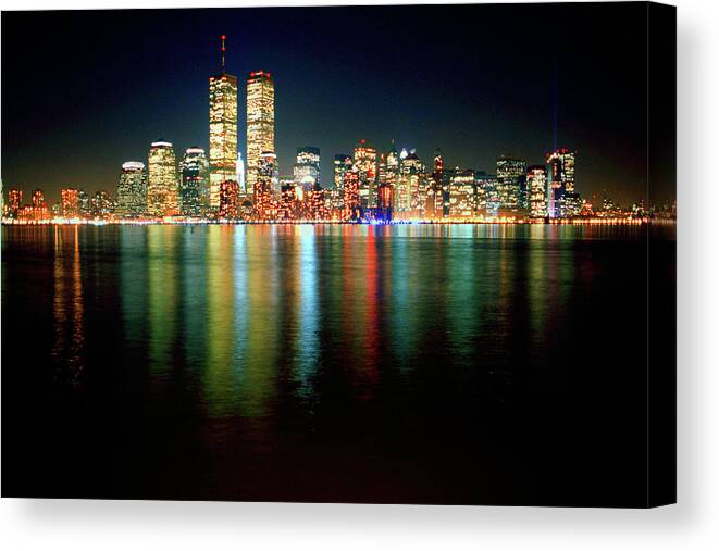 Nighttime Canvas Print featuring the photograph World Trade Center Twin Towers, Lower Manhattan New York City Nighttime Cityscape 1985 by Kathy Anselmo