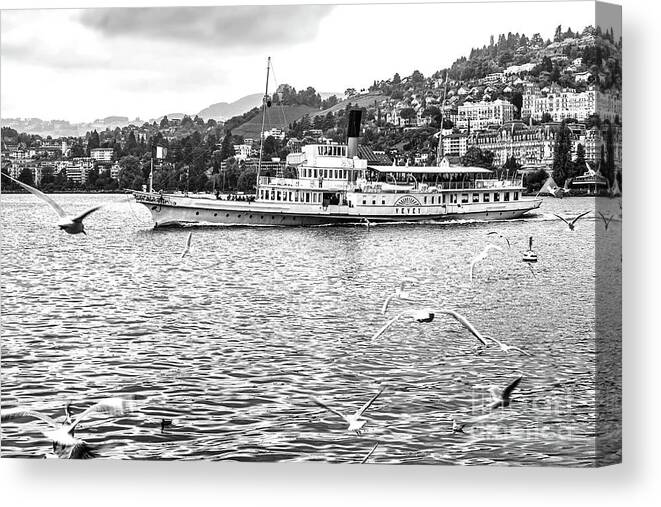 Black And White Canvas Print featuring the photograph Lucerne Paddle Steamer by Tom Watkins PVminer pixs