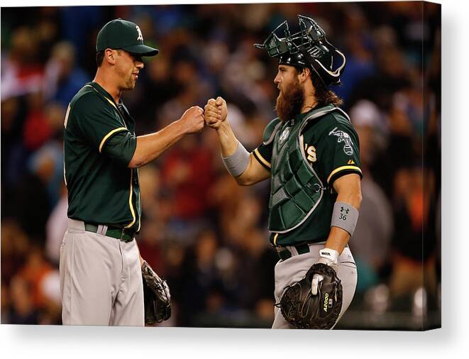 American League Baseball Canvas Print featuring the photograph Luke Gregerson and Derek Norris by Otto Greule Jr