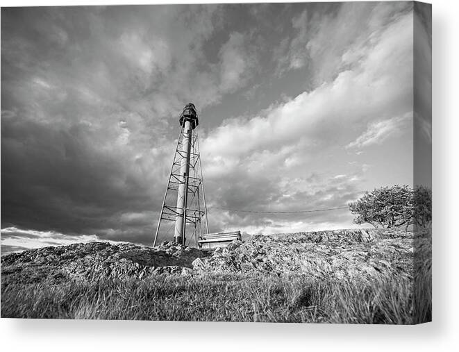 Marblehead Light Tower Canvas Print featuring the photograph Mablehead Light Tower Marblehead Neck Black and White by Toby McGuire
