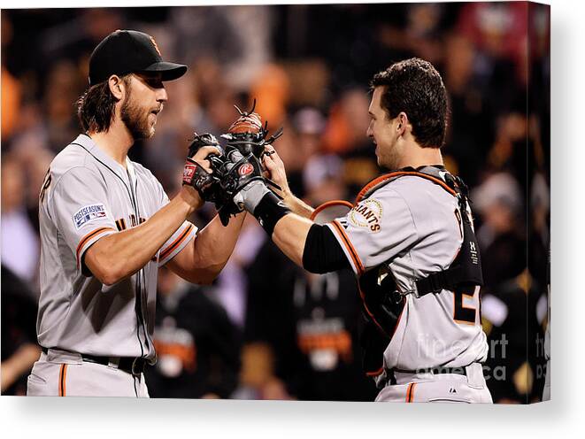 Pnc Park Canvas Print featuring the photograph Madison Bumgarner and Buster Posey by Jason Miller