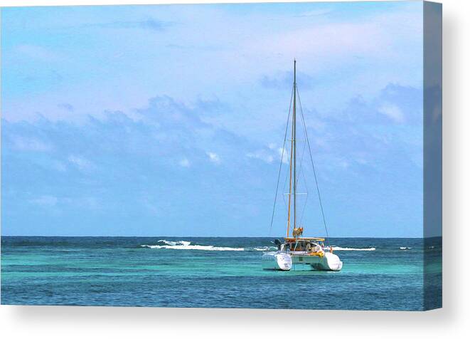 St. Maarten Canvas Print featuring the photograph Maho Bay Catamaran - St. Maarten by Ron Berezuk