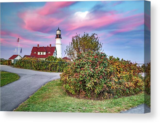 America Canvas Print featuring the photograph Maine's Portland Head Light Autumn Sunset by Gregory Ballos