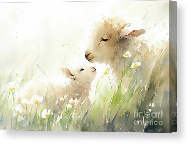 Sheep Canvas Print featuring the digital art Mama Sheep and Lamb - Love You Mama by Laura's Creations
