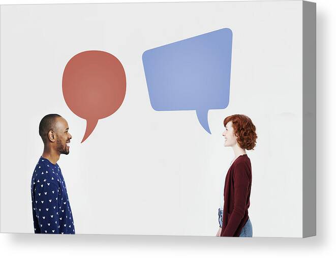 Confusion Canvas Print featuring the photograph Man and woman with illustrated speech bubbles by Plume Creative