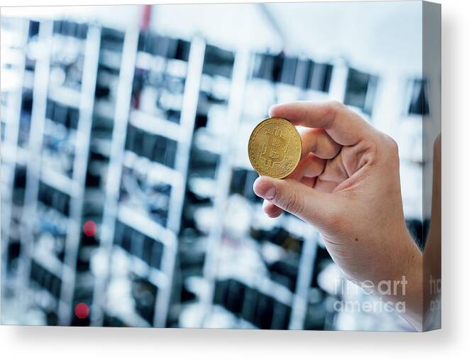 Bitcoin Canvas Print featuring the photograph Man's hand showing bitcoin coin by Michal Bednarek