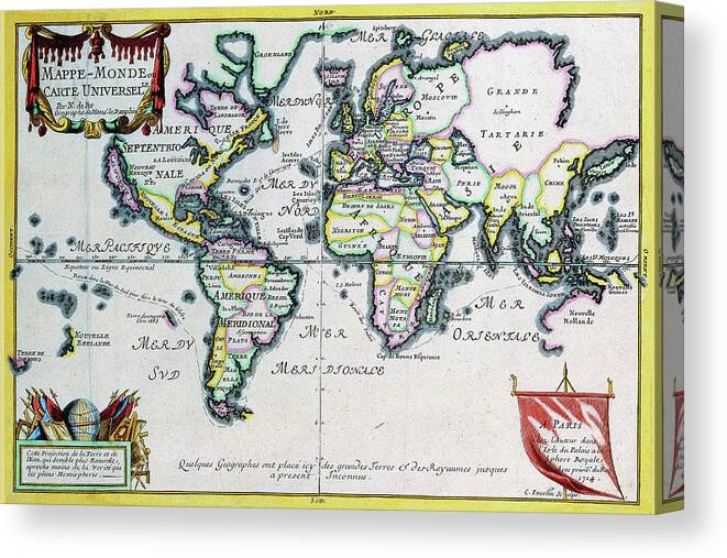 Maps Canvas Print featuring the drawing Mappe Monde or Carte Universel by Nicolas De Fer