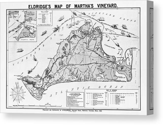 Martha's Vineyard Canvas Print featuring the photograph Martha's Vineyard Vintage Map in Black and White by Carol Japp