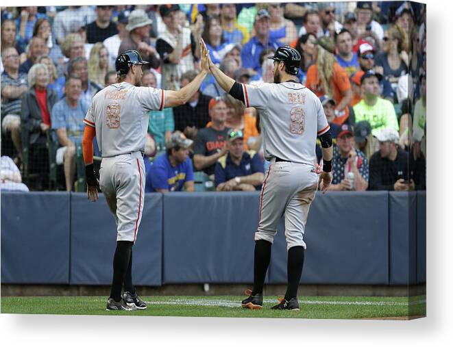 People Canvas Print featuring the photograph Matt Duffy, Hunter Pence, and Brandon Belt by Mike Mcginnis