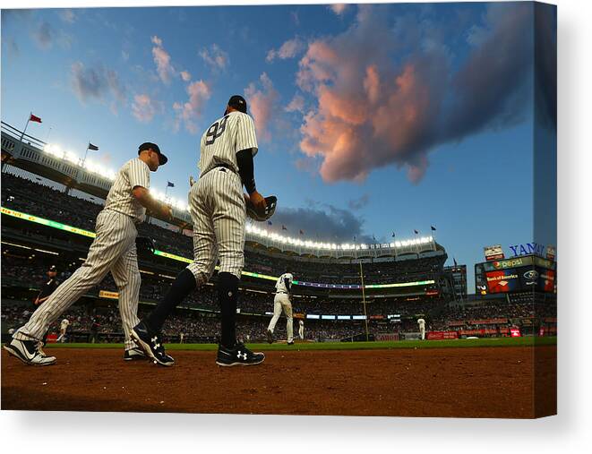 Second Inning Canvas Print featuring the photograph Matt Holliday and Aaron Judge by Mike Stobe