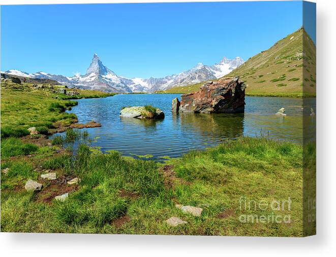 Matterhorn Canvas Print featuring the photograph Matterhorn on Stellisee Lake by Benny Marty