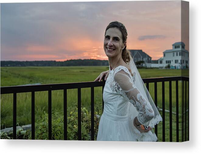 Back Yard Canvas Print featuring the photograph Mature bride portrait at sunset in backyard. by Martinedoucet