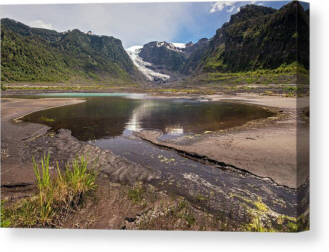 Chile Canvas Print featuring the photograph Michinmahuida glacier with pond reflexion by Henri Leduc