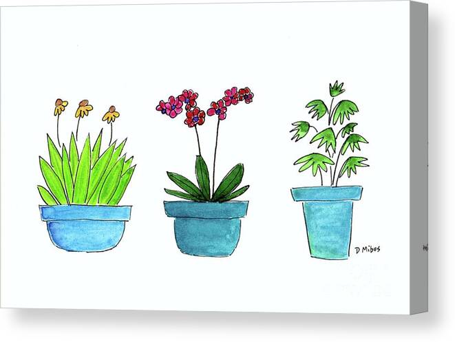 Mid Century Modern Plants Canvas Print featuring the painting Mid Century Blue Potted Plants by Donna Mibus