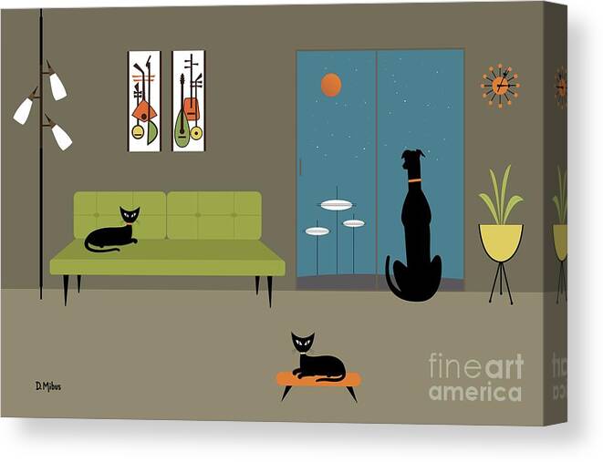 Mid Century Modern Canvas Print featuring the digital art Mid Century Dog Spies Space Pods by Donna Mibus