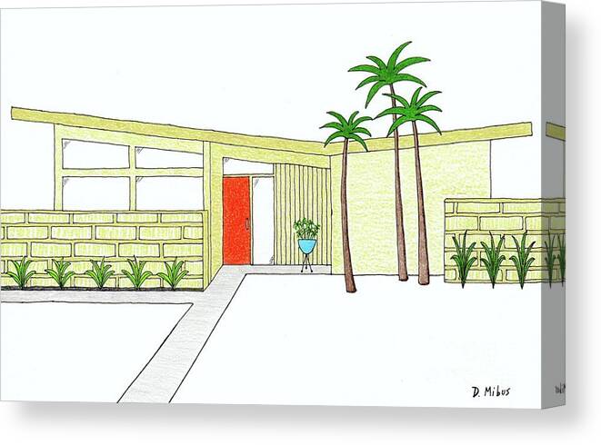 Mid Century Modern House Canvas Print featuring the drawing Mid Century House with Butterfly Roof by Donna Mibus