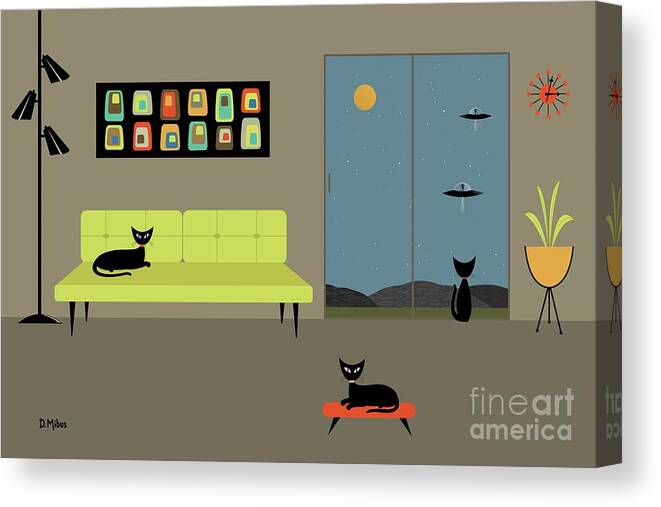 Mid Century Cat Canvas Print featuring the digital art Mid Century Room with Concentric Oblongs by Donna Mibus