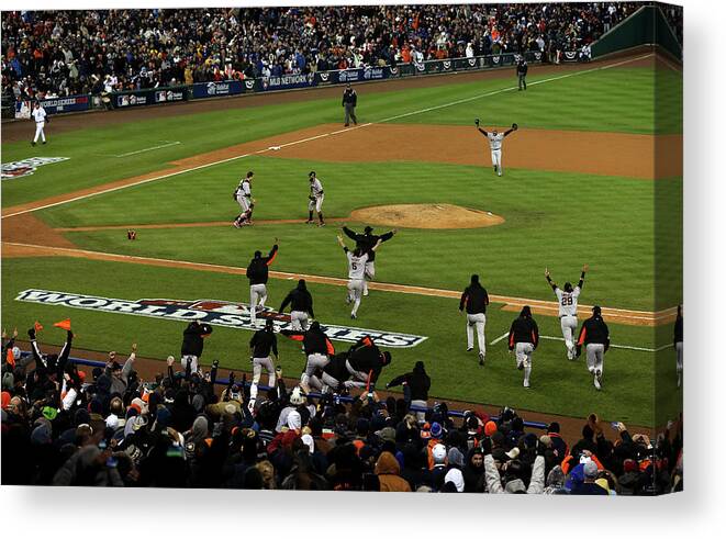 American League Baseball Canvas Print featuring the photograph Miguel Cabrera, Sergio Romo, and Buster Posey by Jonathan Daniel