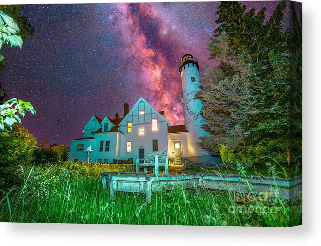 Milky Way Canvas Print featuring the photograph Milky Way Over Point Iroquois Lighthouse -4973 by Norris Seward