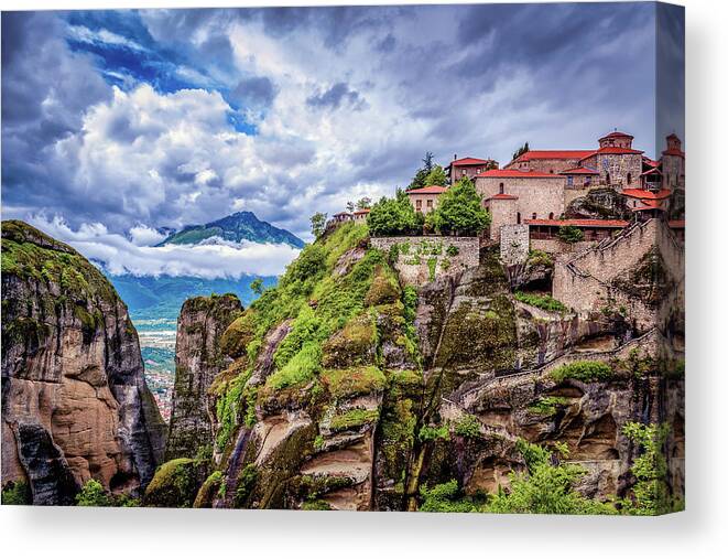 Meteora Canvas Print featuring the photograph Monastery of the Transfiguration Metamorphosis of Christ at Meteora by Alexios Ntounas