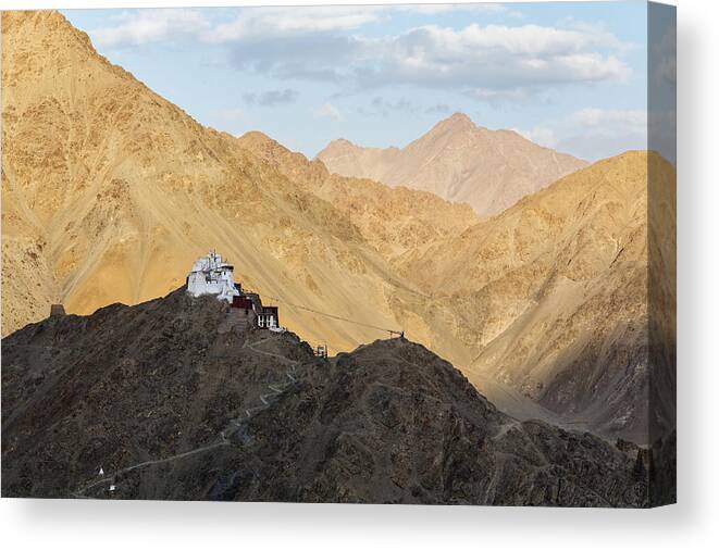 Toughness Canvas Print featuring the photograph Monastery on rocky hilltop in remote mountain valley, Leh, Ladakh, India by Jeremy Woodhouse