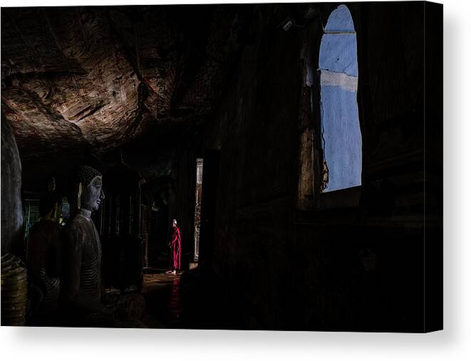 Cave Canvas Print featuring the photograph Monk at Dambulla Cave Temple by Arj Munoz