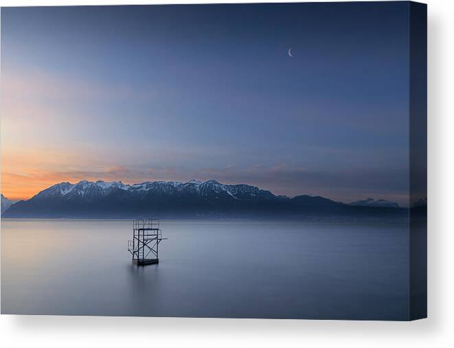 Sunrise Canvas Print featuring the photograph Moon over the diving board by Dominique Dubied
