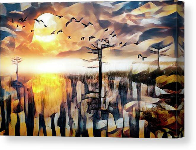 Birds Canvas Print featuring the photograph Moon Rise Flight Abstract Painting by Debra and Dave Vanderlaan