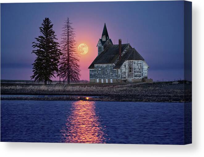 Nd Canvas Print featuring the photograph Moonrise at the Big Coulee - Abandoned rural ND church with lake and full moon rising by Peter Herman