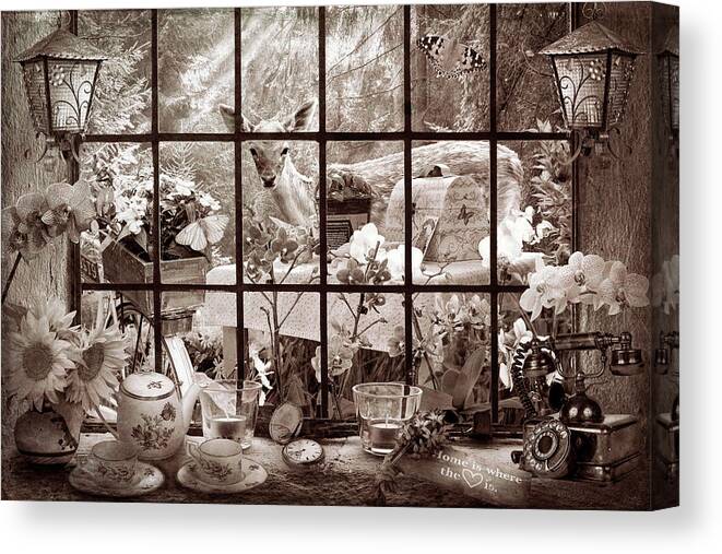 Spring Canvas Print featuring the photograph Morning Visitor in Vintage Sepia by Debra and Dave Vanderlaan
