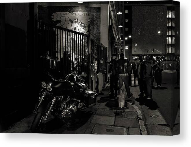 Motorcycle Club At Night Canvas Print featuring the photograph Motorcycle Club Black and White by Mark Stout