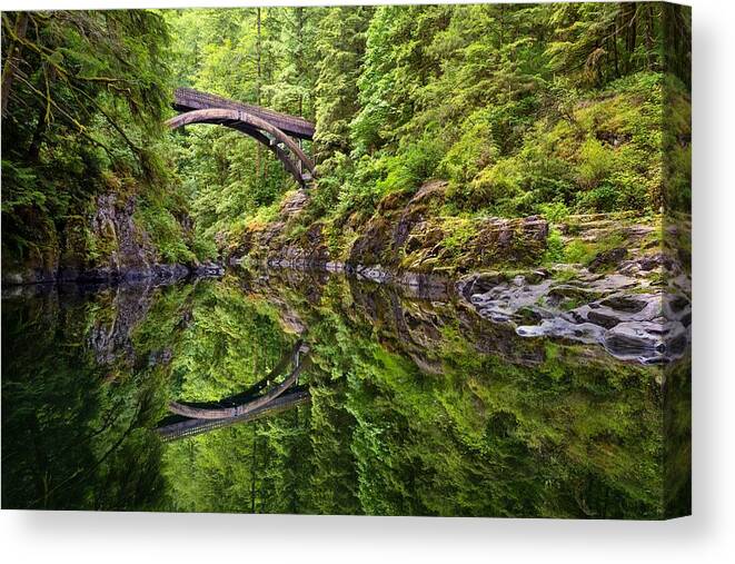 Outdoors Canvas Print featuring the photograph Moulton Falls Bridge Reflection by Tom Grubbe