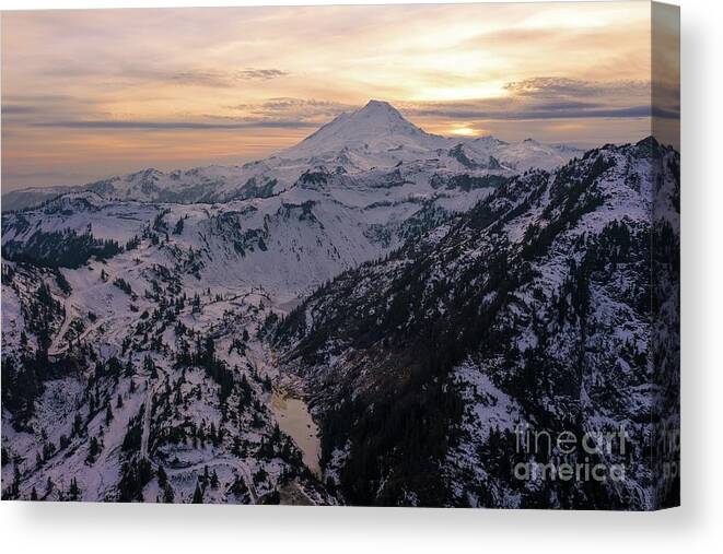Mount Baker Canvas Print featuring the photograph Mount Baker Aerial Dusk Snowscape by Mike Reid