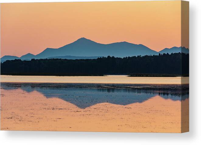 Sunset Canvas Print featuring the photograph Mountain Reflections on Lake Champlain after sunset by Ann Moore