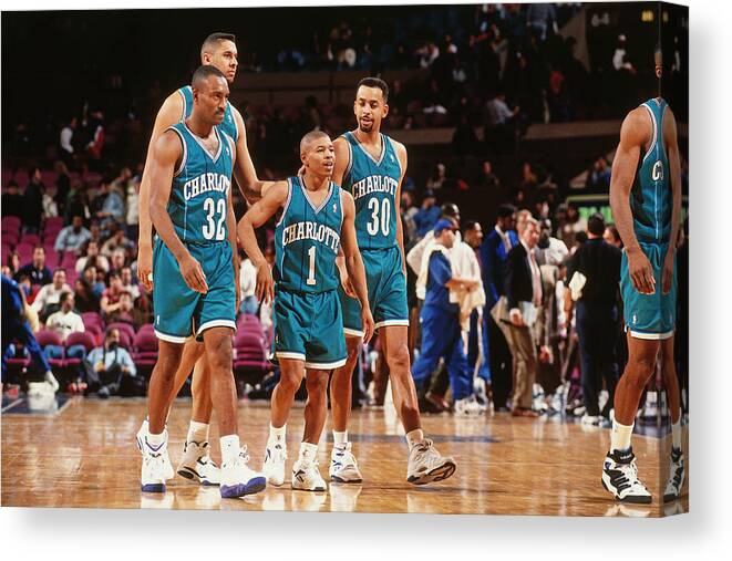 Nba Pro Basketball Canvas Print featuring the photograph Muggsy Bogues and Dell Curry by Nathaniel S. Butler